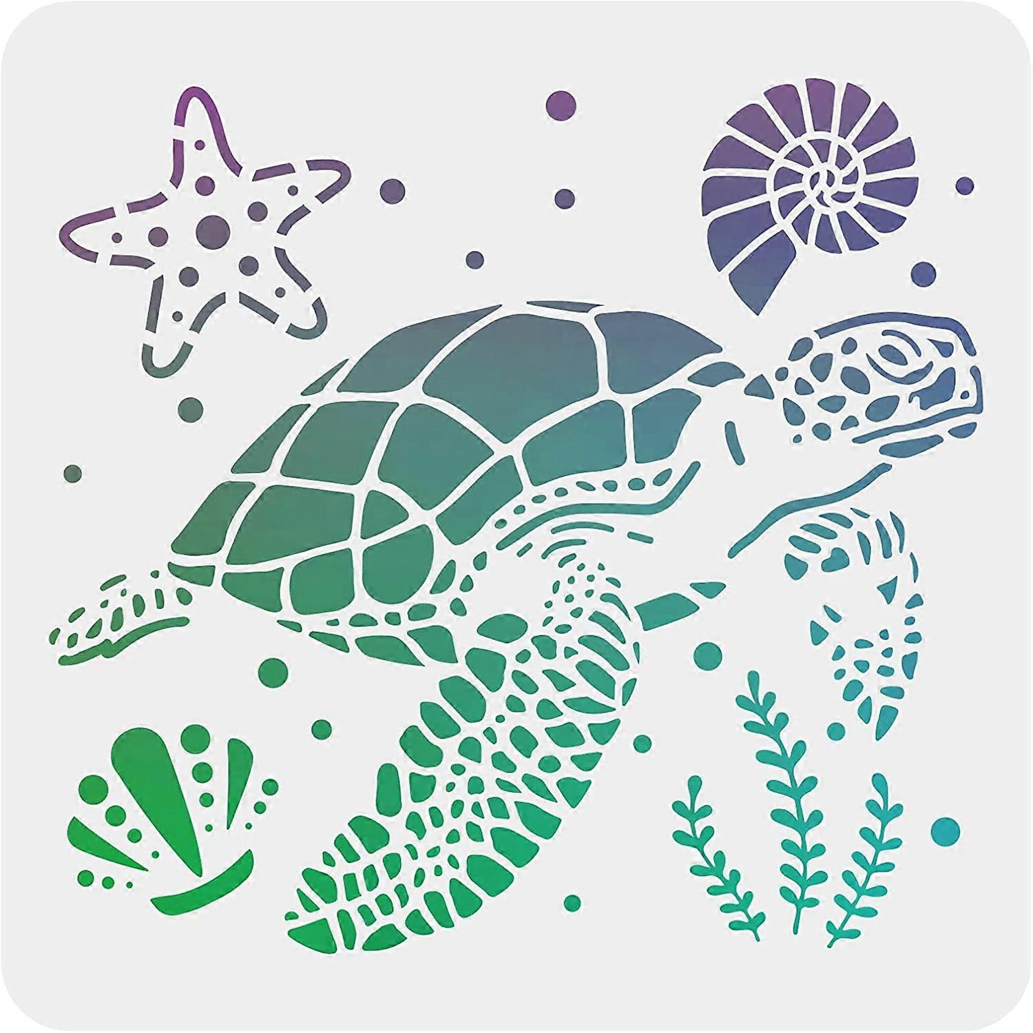 Tortoise Stencils Decoration Template 11.8x11.8 inch Plastic Starfish Seaweed Conch Shell Drawing Painting Stencils Square Reusable Stencils for Paint
