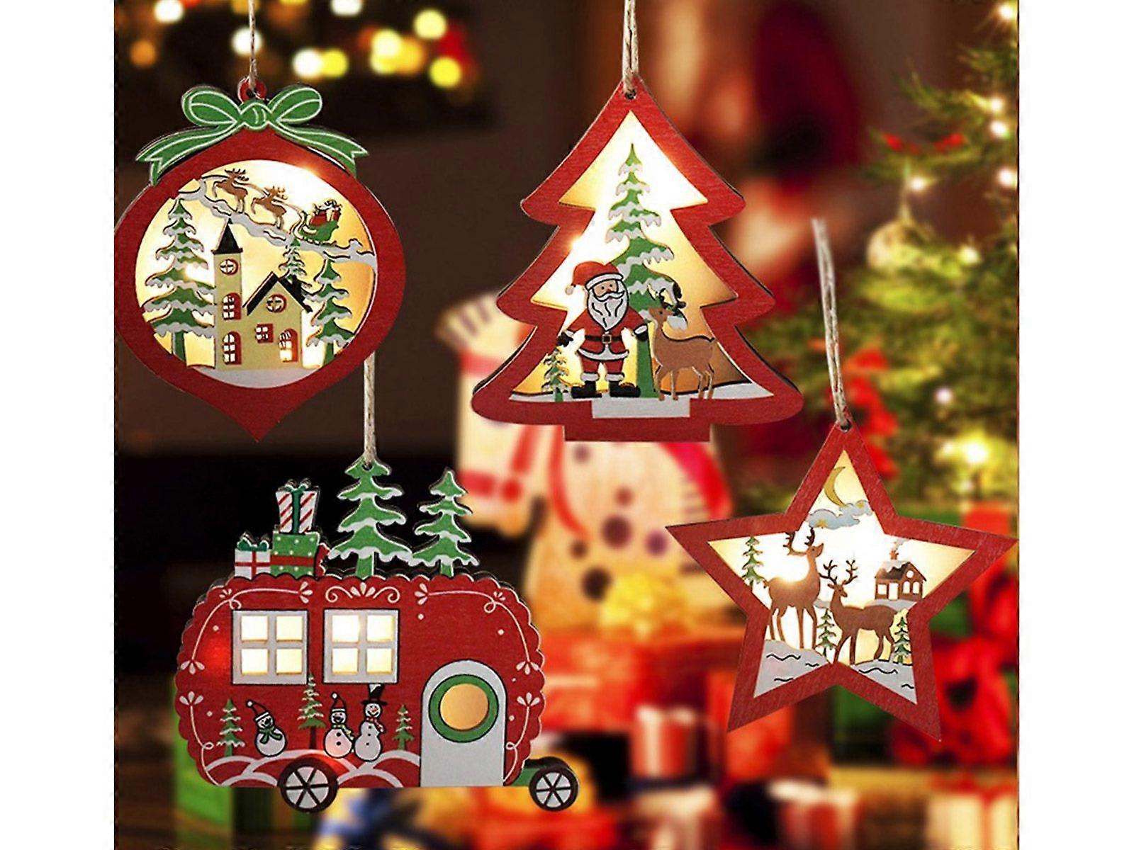 4Pcs Wood Christmas Hanging Lighting Pendants