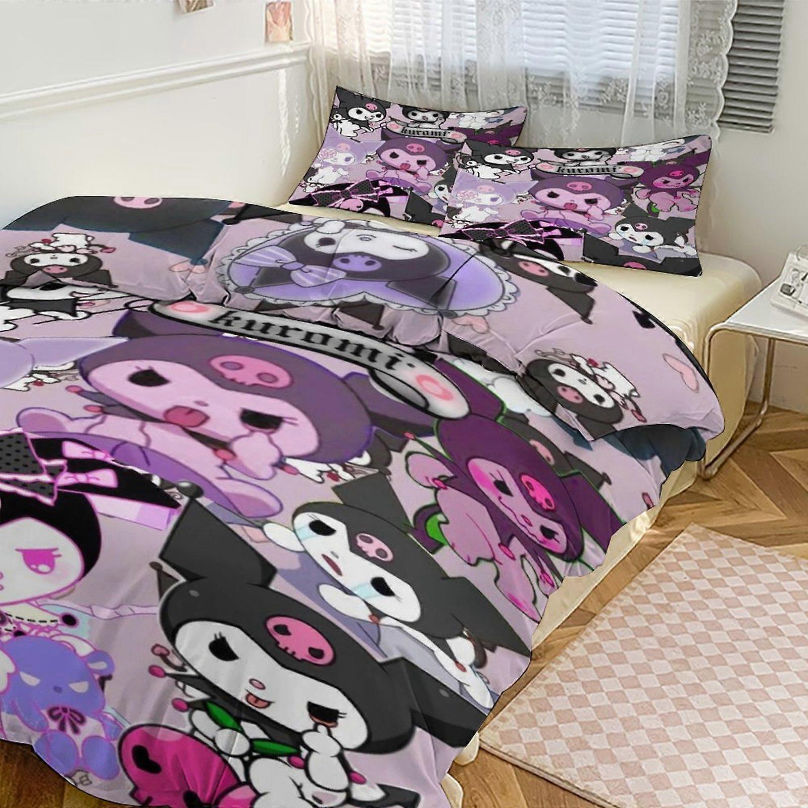 Lakan g869 Kuromi Print Sängkläder Set Mönster Påslakan Cove Set 3 delar 1 påslakan och 2 örngott för kvinnor män tonåringar tq869 lakan