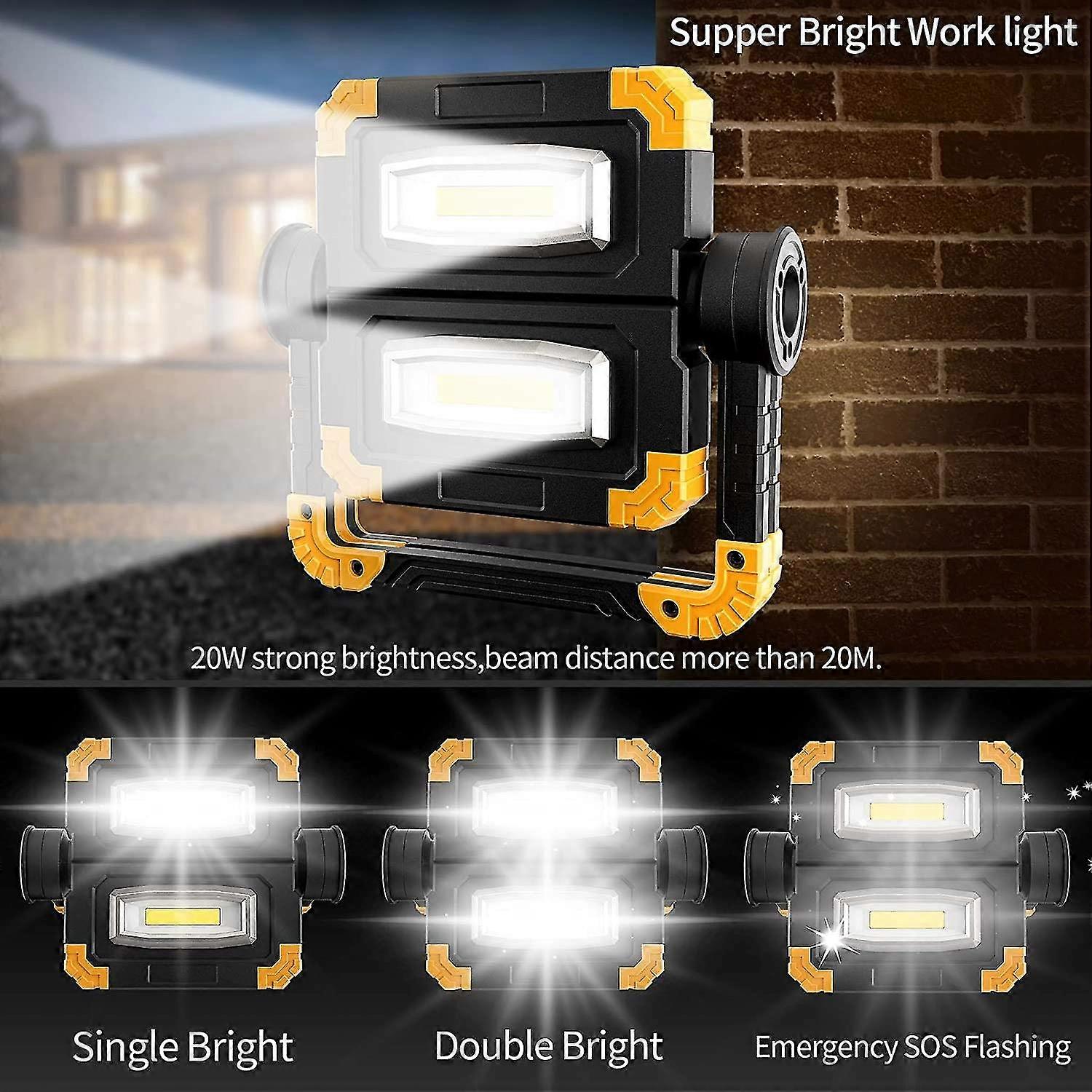 Portable Led Floodlight, Ip44 Waterproof 2x10w Cob Work Light, 3 Brightness Modes, 360 Rotation, For Camping