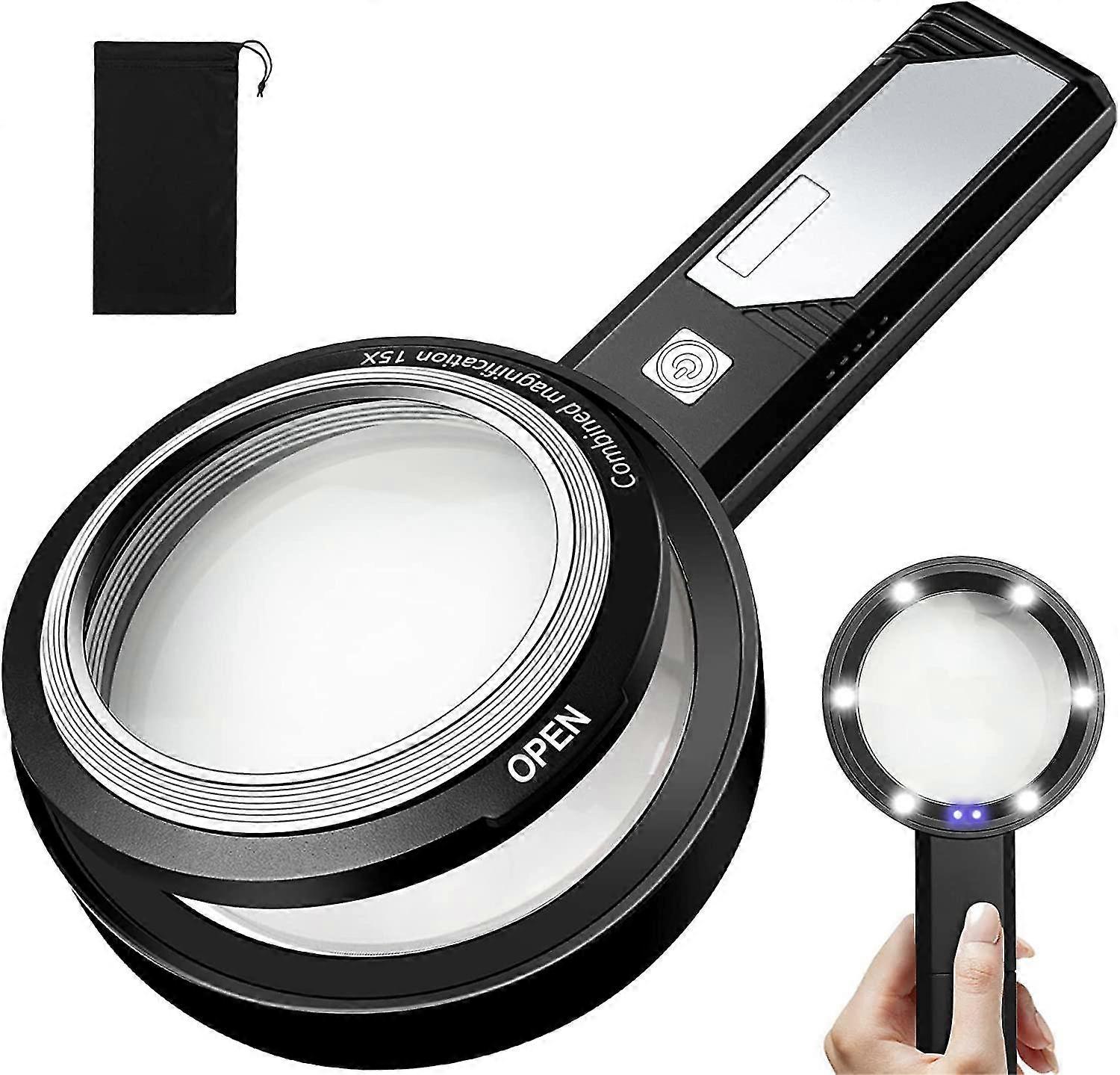 Magnifying Glass With Light 6x 9x15x Combined Illuminated Magnifier 6 Led/ 2 Purple Lighted Magnifier With Dual-lens, Detachable Handheld Magnifying