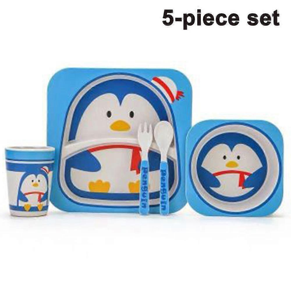 Bamboo Kids Plates And Bowls Sets Non Toxic & Eco Friendly 5 Pcs Includes Toddler Plates Set Cute Animal Designs Kids Dinnerware Sets Dishwasher Safe