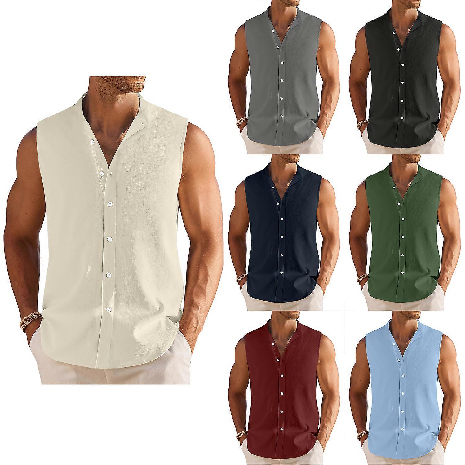 الرجال الصيف الشاطئ تانك قمم بلا أكمام زر حتى قميص عارضة قمصان دبابات محكم - GSL