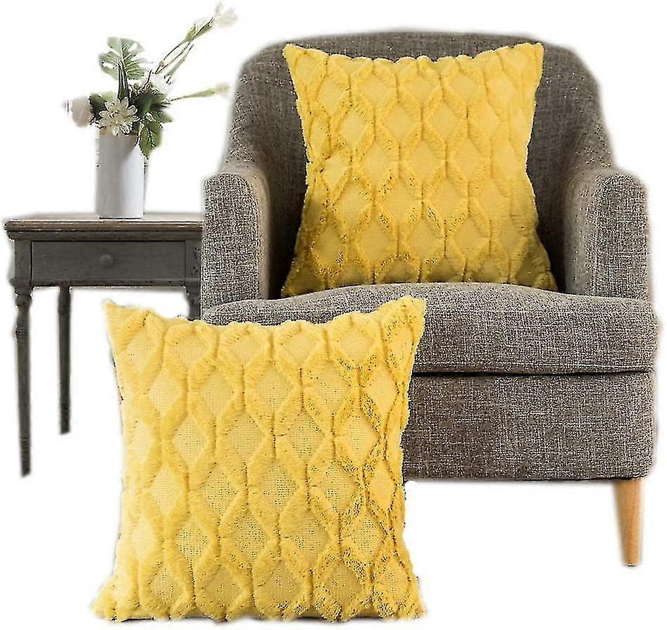 クッションとクッションカバーセット2スーパーソフトラグジュアリーフェイクファーイエロー装飾正方形枕カバーソファリビングルーム用45 x 45cm