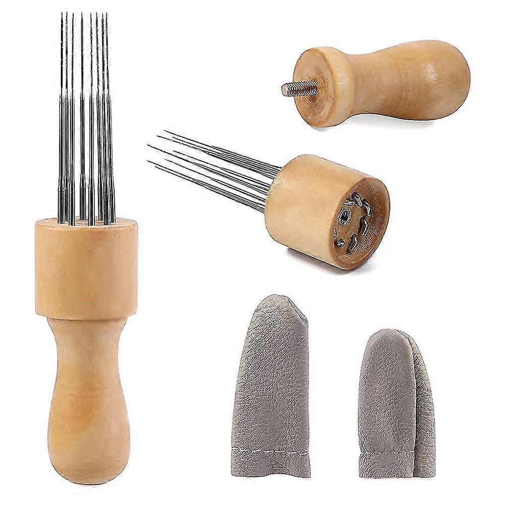 Felting Needle With Eight Needles Tool Solid Wood Handle Craft Felt Punch Tool With Finger Cots
