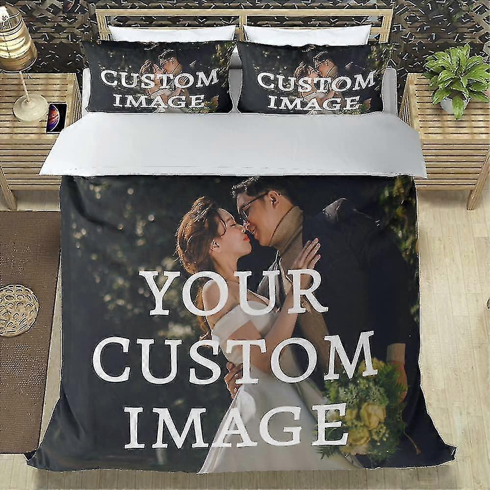 Personalized Custom Bedding Set With Picture, Text, Duvet Cover Pillowcases Trio, Customized Different Sizes - S