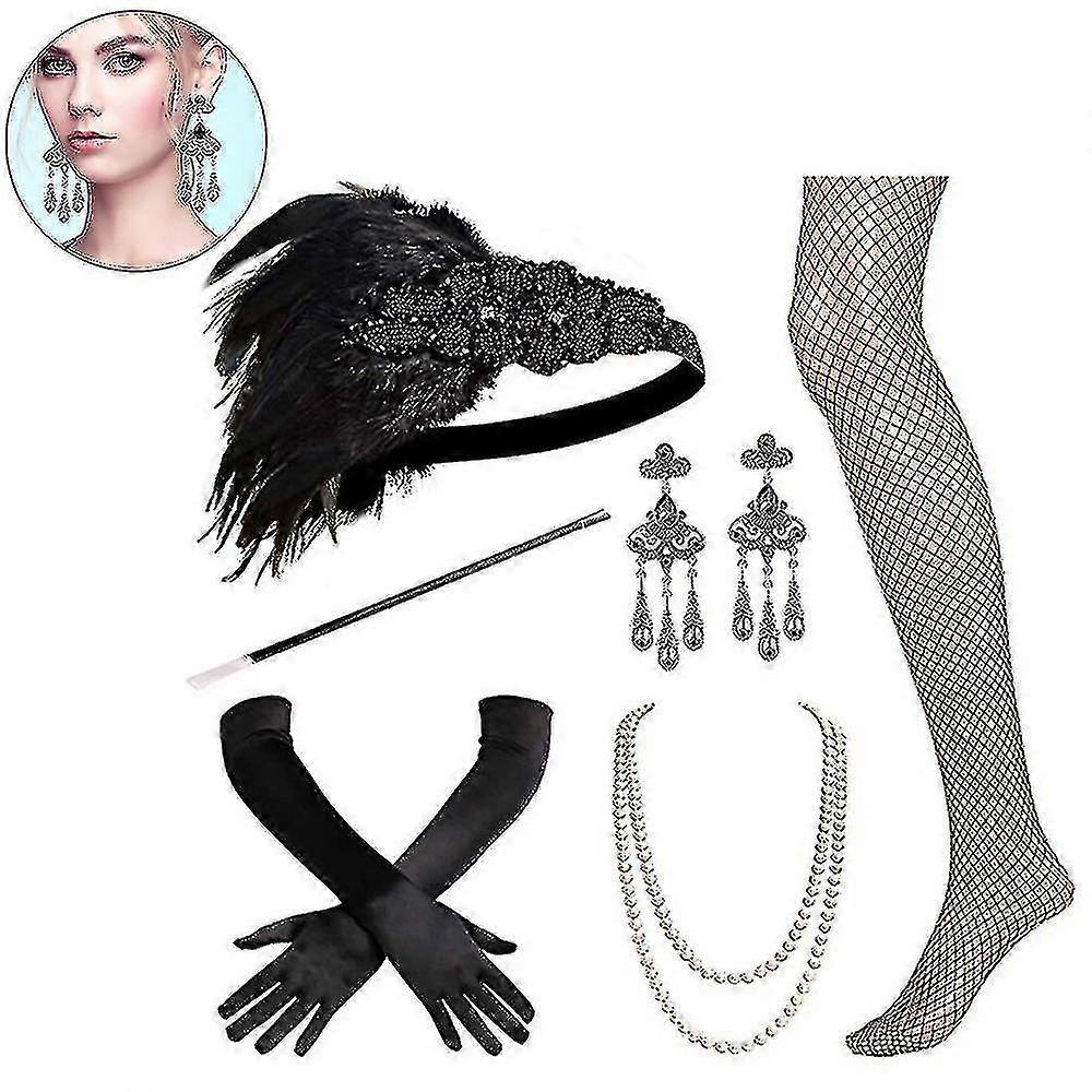 1920'erne Tilbehør Sæt Flapper pandebånd, øreringe, perle halskæde, handsker