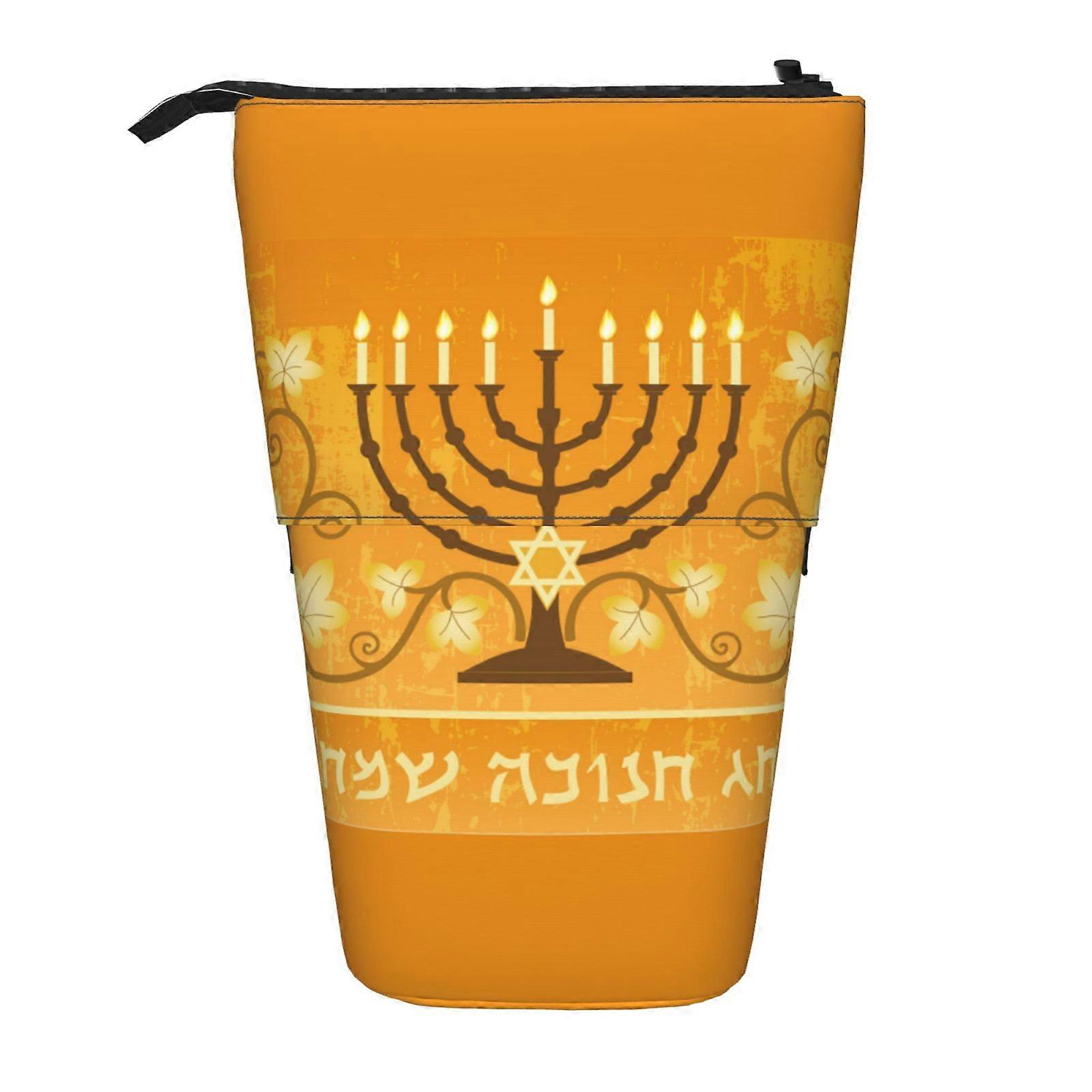 Happy Hanukkah Jewish Festival Holiday Pencil Case Stand Up Pencil Bag Telescopic Pencil Case With Zipper Portable Makeup Bag