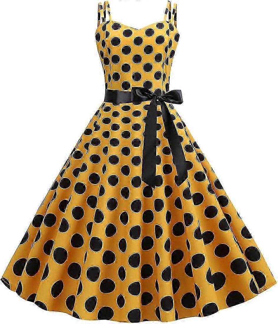 Women's 50s 60s Vintage Sleeveless Strap Polka Dot A-Line Swing Cocktail Party Tea Dresses