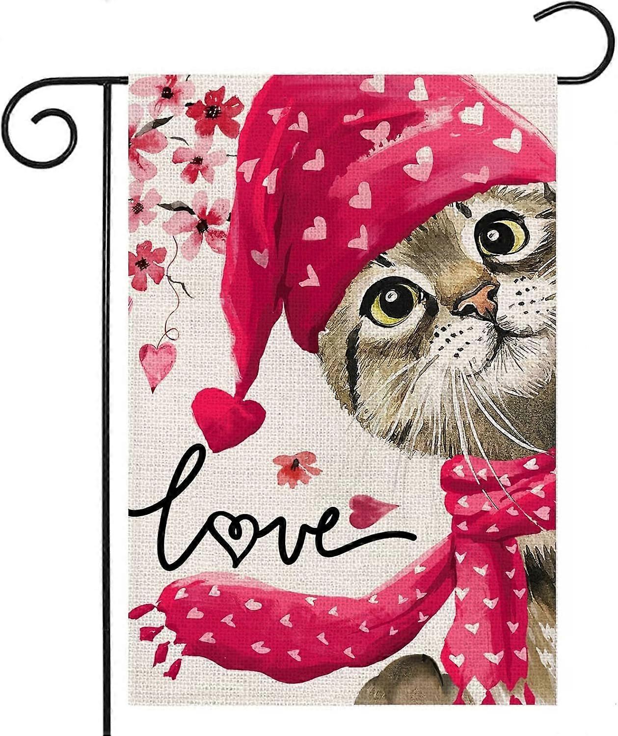 Valentines Day Love Cat Garden Flag 28x40,Watercolor Cat with Hat