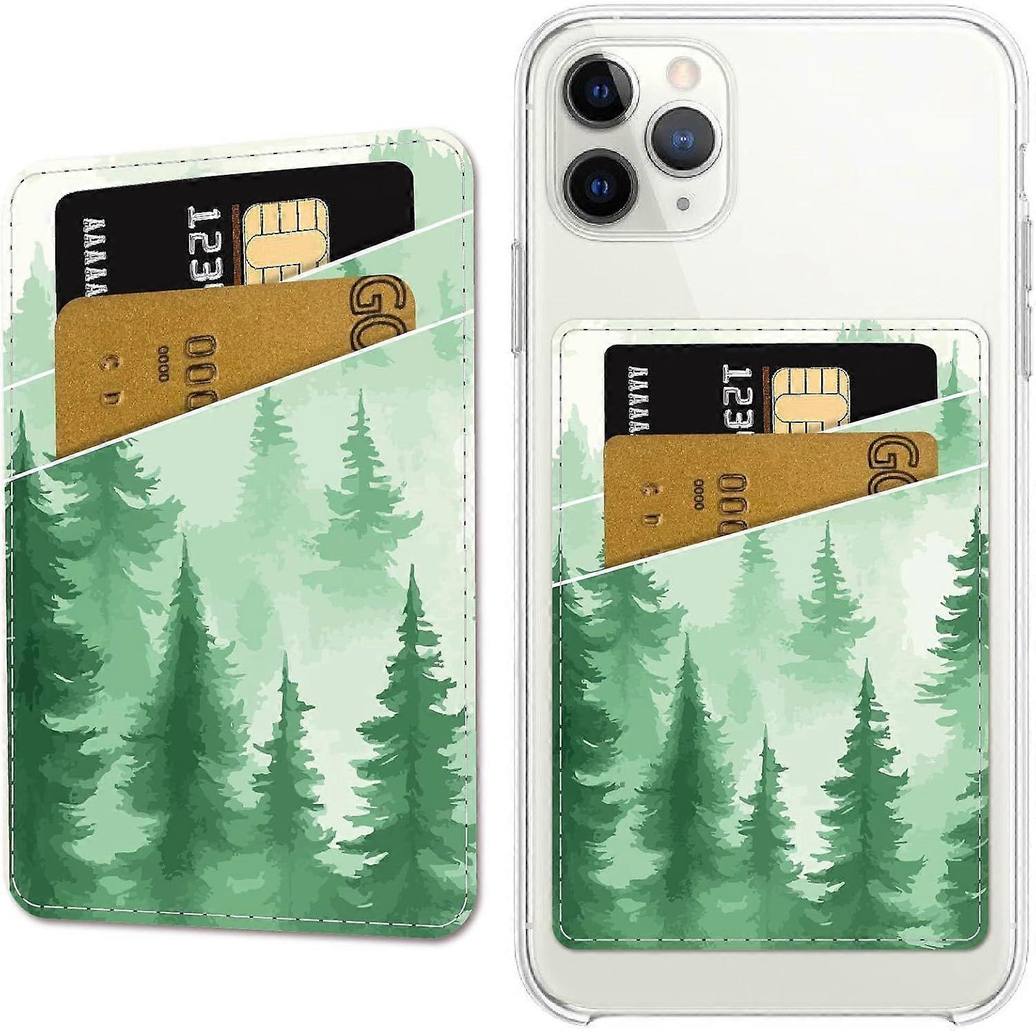 Tree Forest Phone Card Holder Leather Cell Phone Wallet Stick on Adhesive Credit Card Holder Slim Double Pocket Sticker for Back of Phone Case Compati
