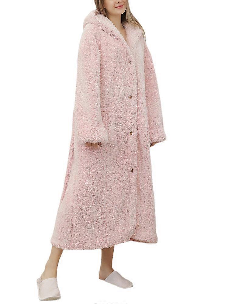 Women's Warm Fleece Hooded Robe With Belt And Buttons