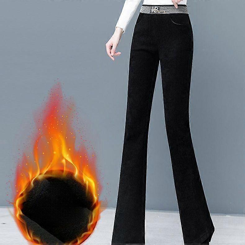 Plus fløjl brede ben varme høj talje damebukser vintage løs mode ensfarvede bukser lomme tykkere vinterbukser