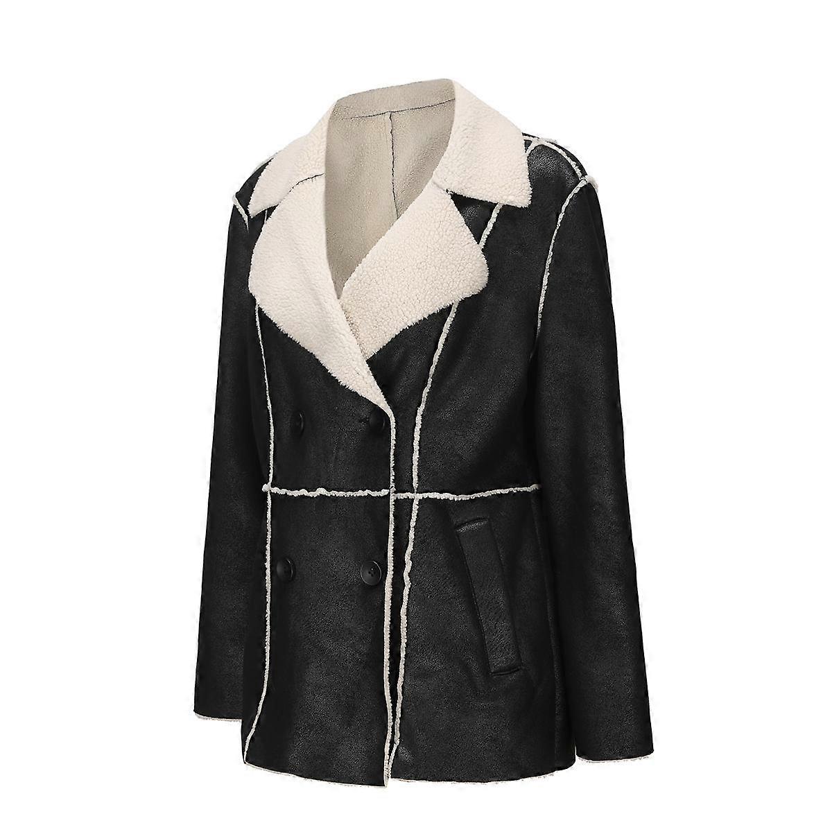 Women’s Suede Coats Mid Length Faux Leather Blazers Plush Fleece Lined Lapel Double Breasted PU Jackets Commute Office Autumn Winter Outer Wear