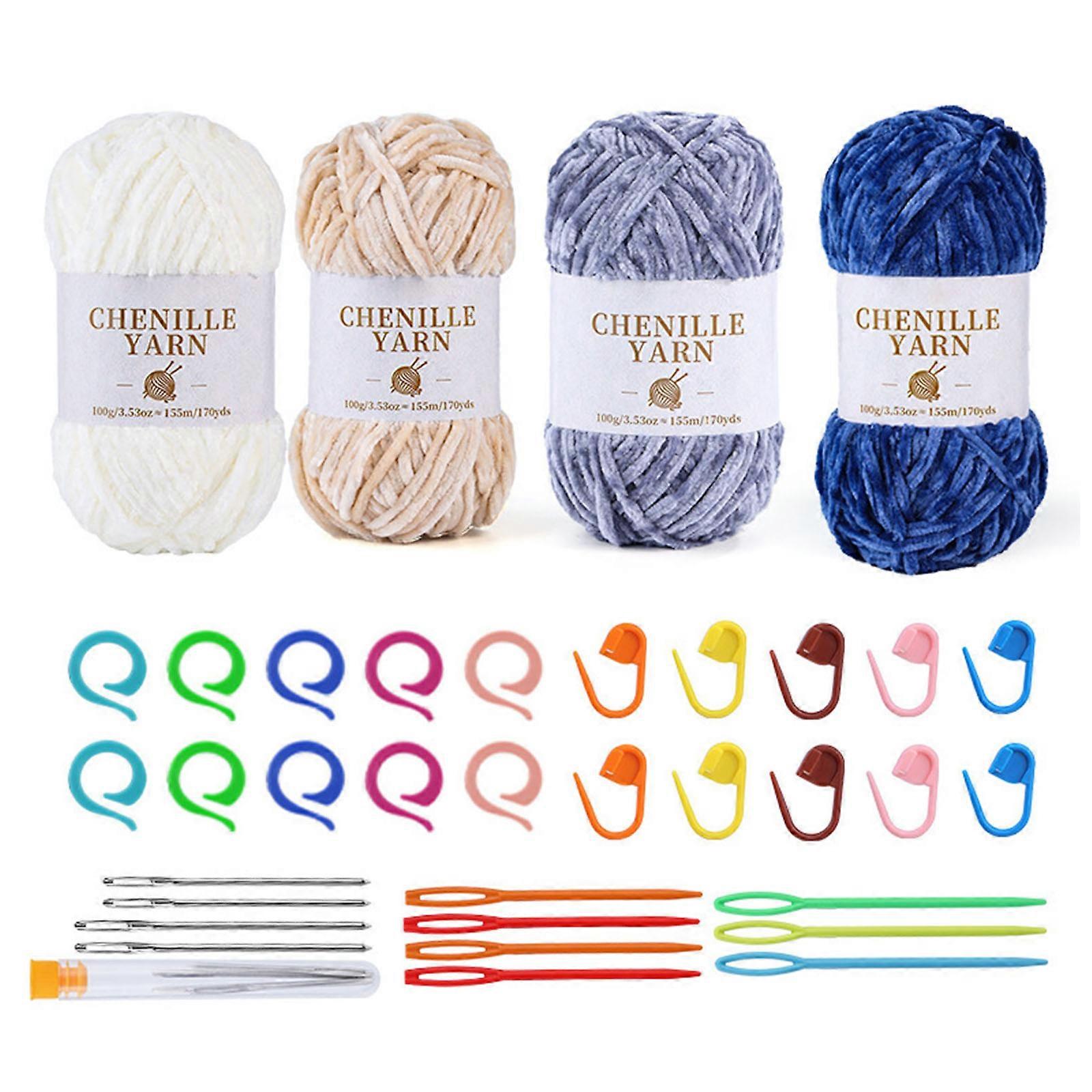 4個のソフトかぎ針編み糸、大きな目の編み針と編みマーカー付きソフトベビーブランケット糸初心者編み