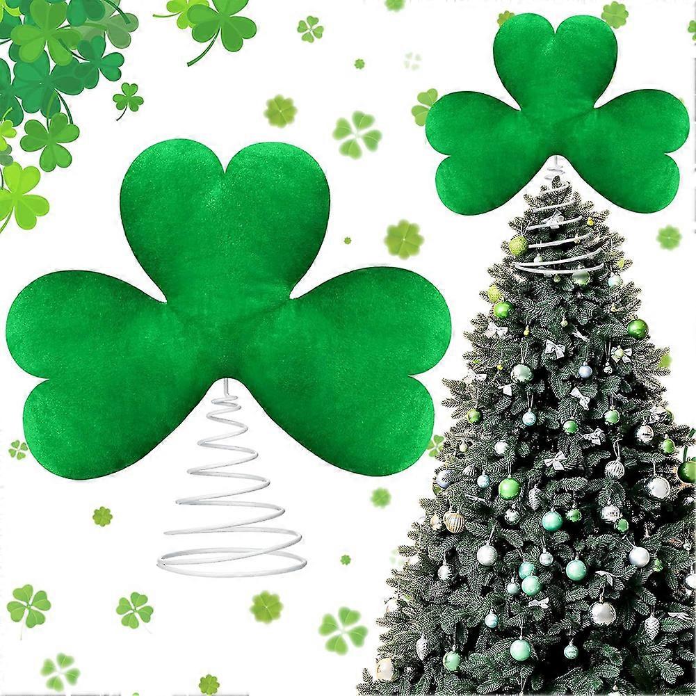 St. Patrick's Day Tree Topper, Metal Spiral Shamrock Ornament, Green Plush Clover Irish Decor for Holiday Party, Lucky Tree Decoration