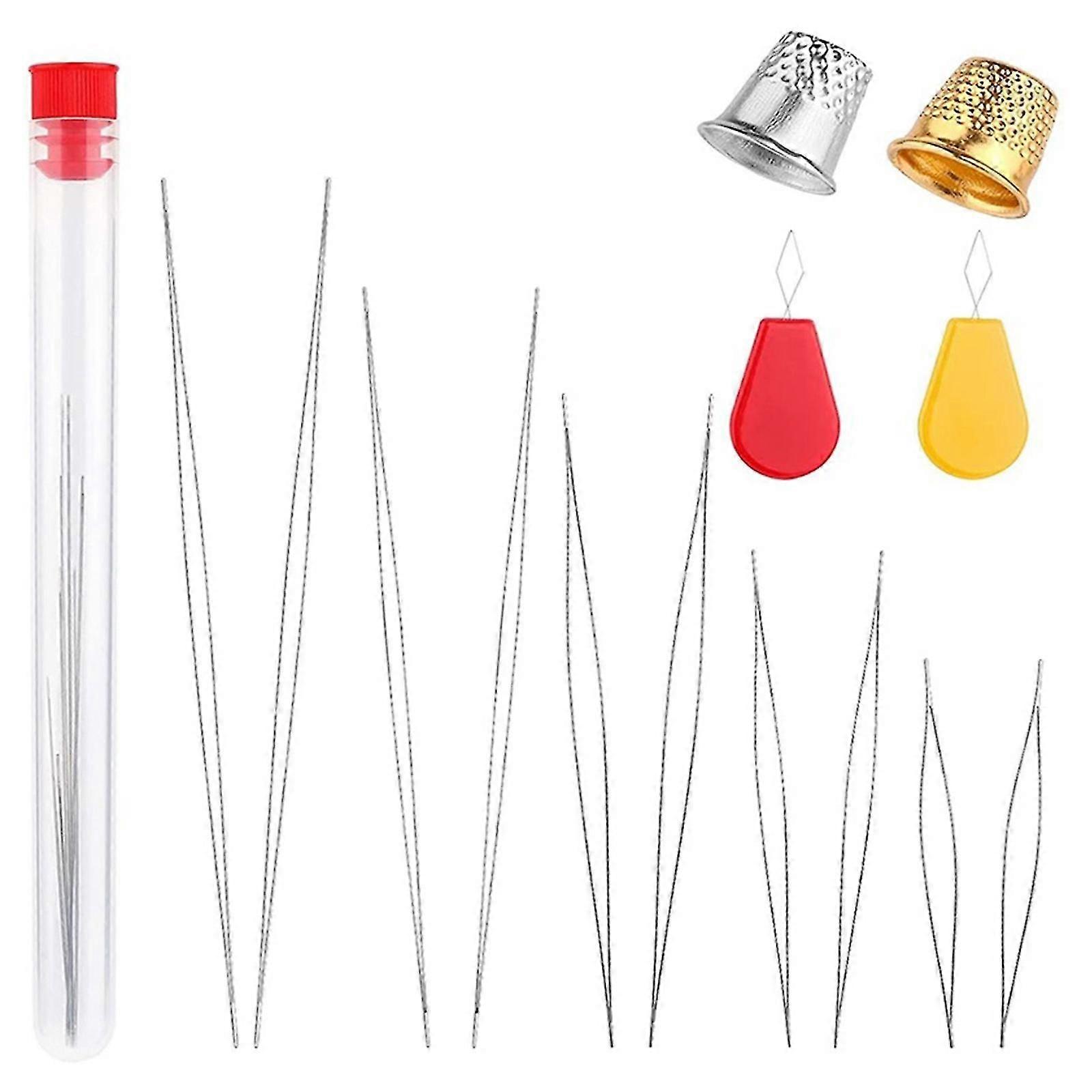 10pcs Perlennadeln 5 Größen Große Augenperlen Nadeln mit Threaders Fingerhut Kit