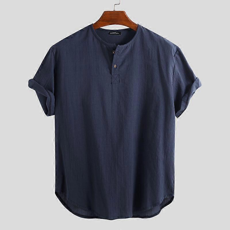 INCERUN Summer Basic Cotton Shirts Men's Casual Collarless Short Sleeves Button Up