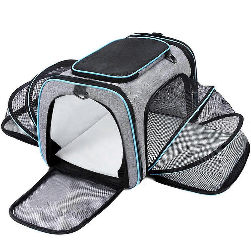 Foldable and expandable pet backpack breathable---gray with blue edging--large size L.