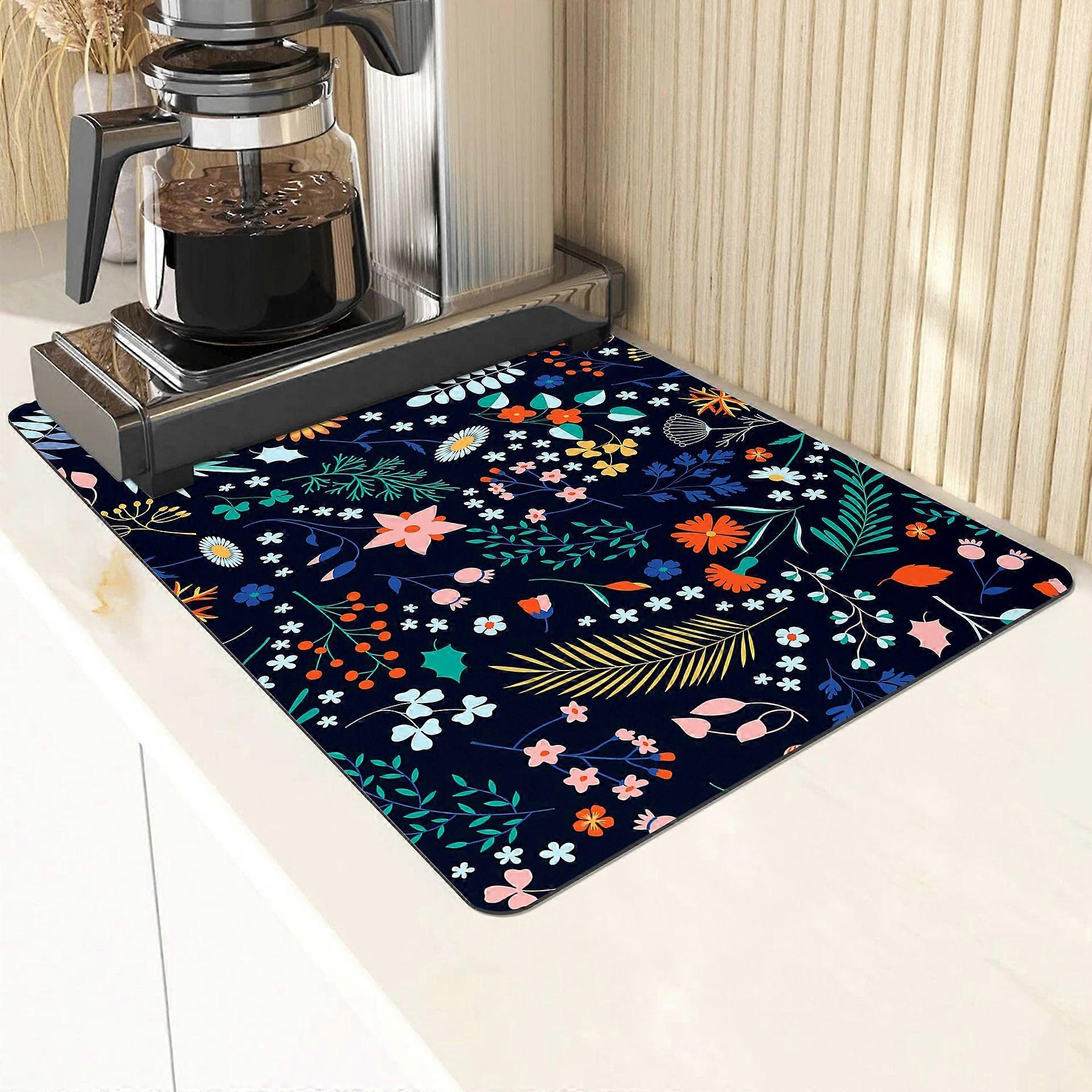 Microfiber Dish Drying Mat for Kitchen Counter 16'' x 20'' Colorful Flowers Black Absorbent Dish Draining Mat Extra Large