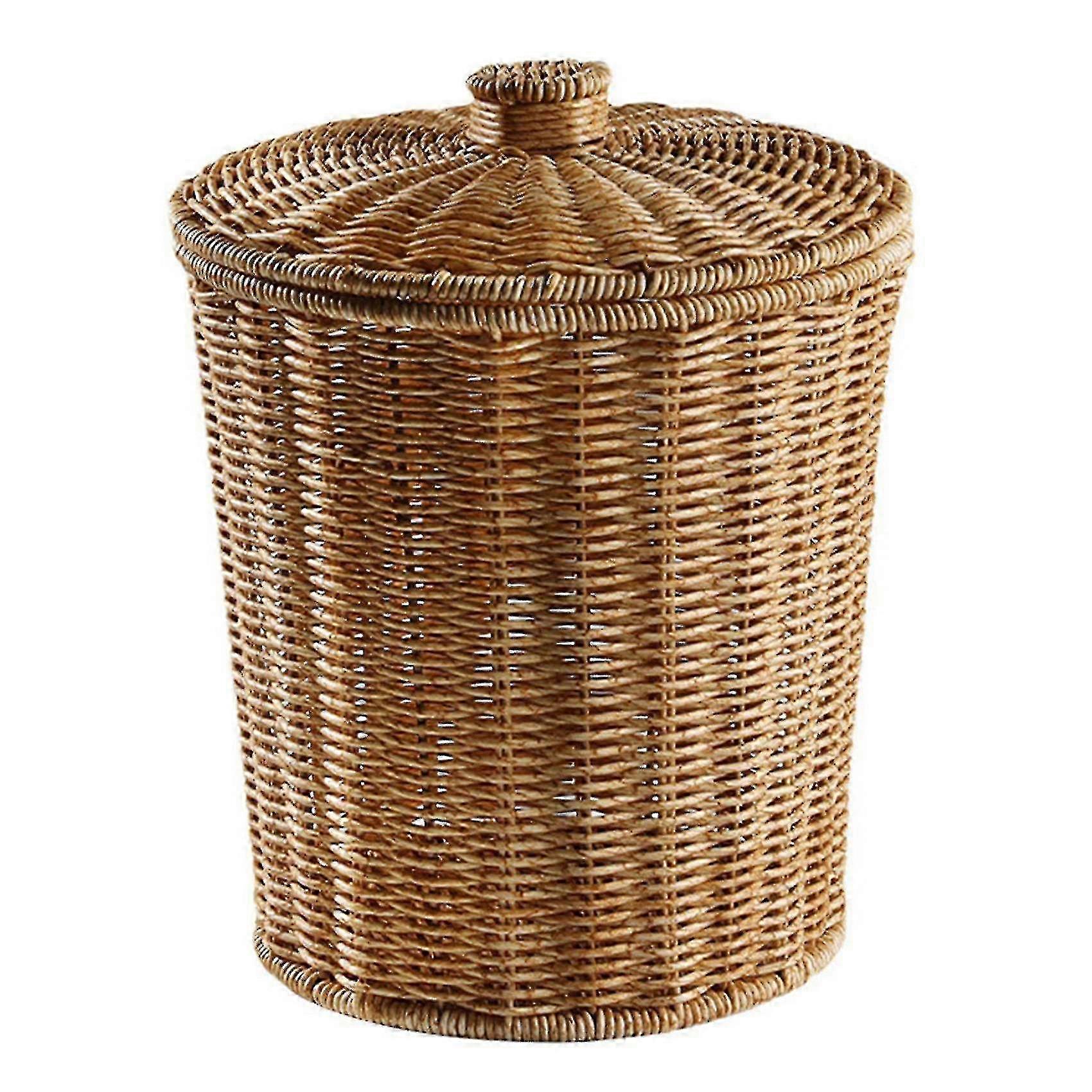 Runder Rattan-Abfallkorb mit Deckel - geflochtener Korb, Mülleimer, Pflanzgefäß, Weidenkorb