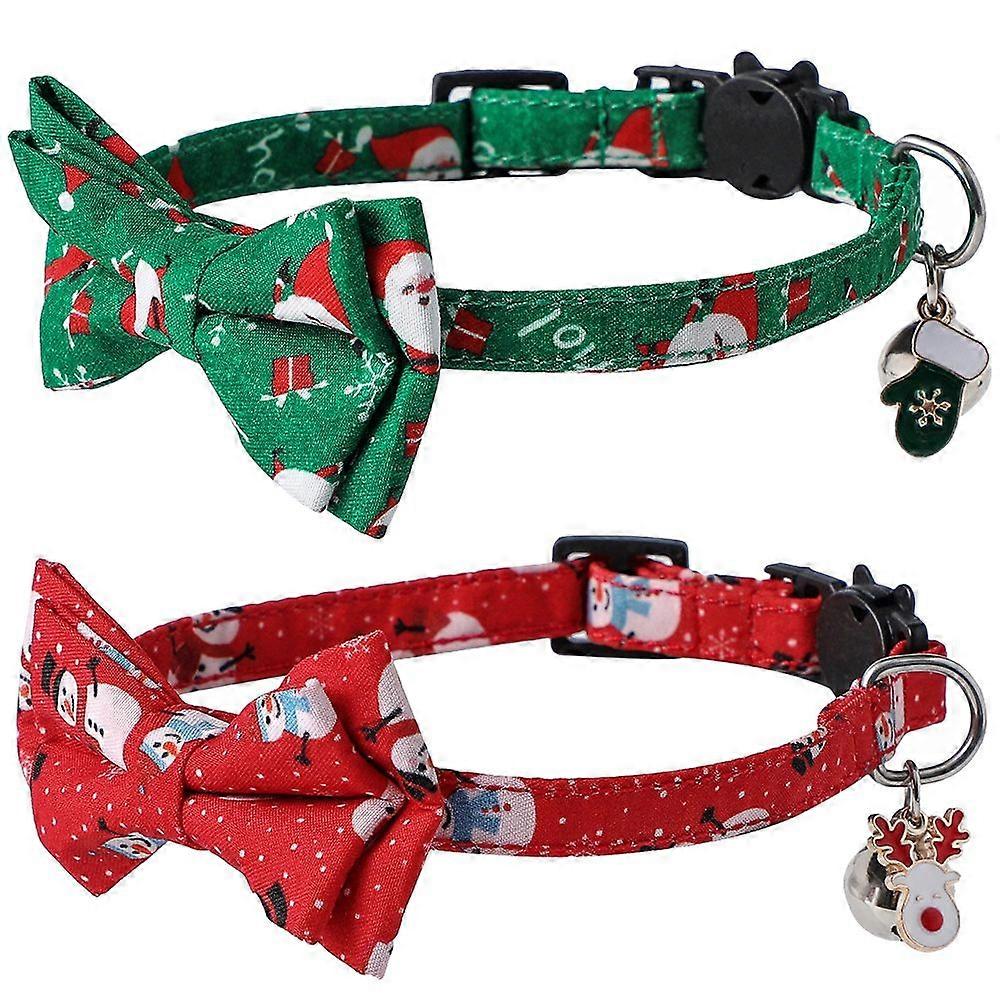 Waterzx 2 Pack Christmas Cat Collar Breakaway with Removable Bow Tie with Bell Adjustable Christmas pattern