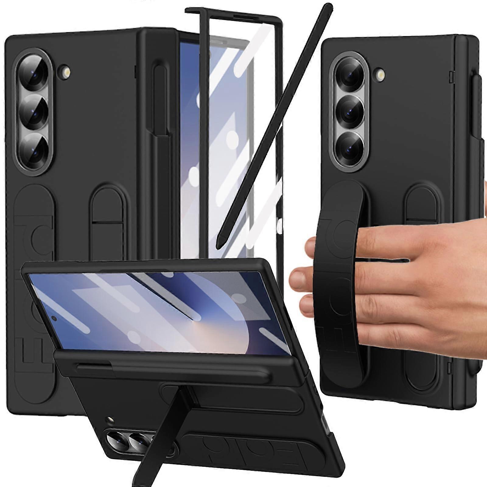 Samsung Galaxy Z Fold 6 Case with Finger Strap, S Pen Holder, Full Coverage Screen Protector, Hinge Protection, Black