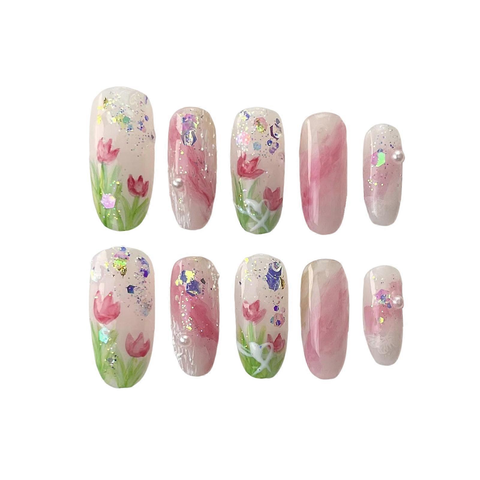 Pink Smudging Fake Nails with Tulip Printed Easy to Apply Simple to Peel off Nails for Daily and Parties Wearing