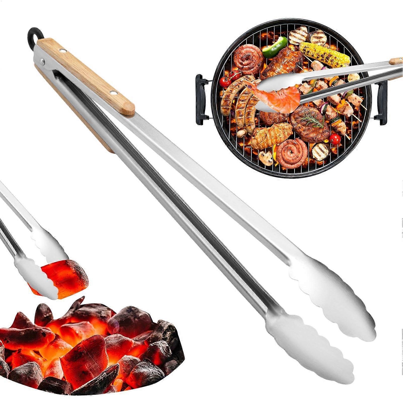 Long Grill Tongs Stainless Steel With Rust-Resistant Design, Non-Slip Oak Handle For Vegetable Skewers And Meat