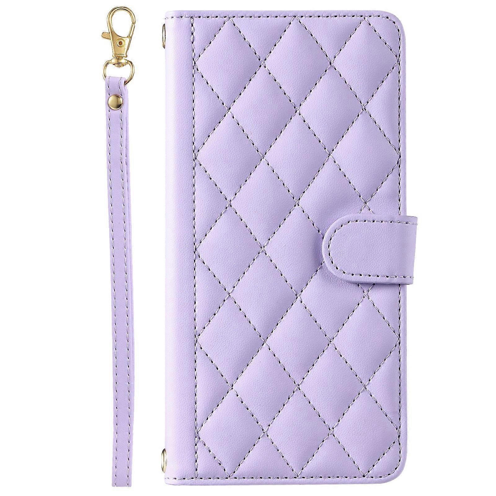 Case For Iphone 14 Pro Purple Short Rope Ins Houndstooth Card Slot Leather Diamond No5501