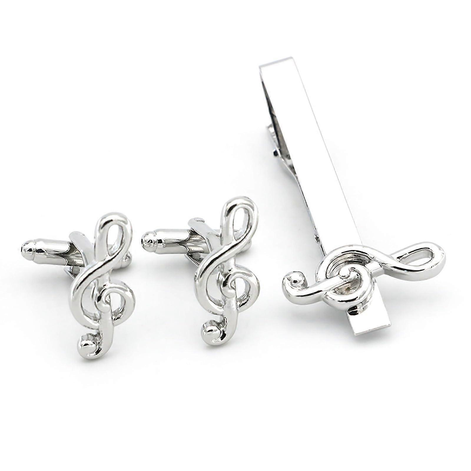Tie Clip and Cufflinks Set Silver Music Note Cufflinks, French Cufflinks, One Size, For Men