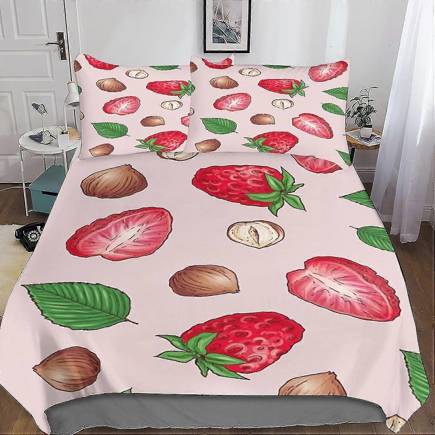 3D Printed Cute Fruits Bedding Set with Strawberry Design, Soft Microfibre, 3 Piece Duvet Cover Set, 2 Pillowcases, Hidden Zip.