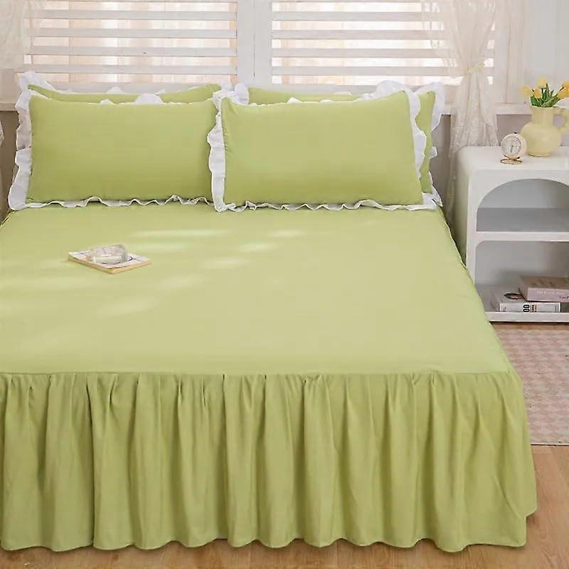 Green ruffled soft solidcolor bed skirt with platform, fitted sheet, pillowcases, elegant dustruffle bedding set, green, 180x200cm, 3piece