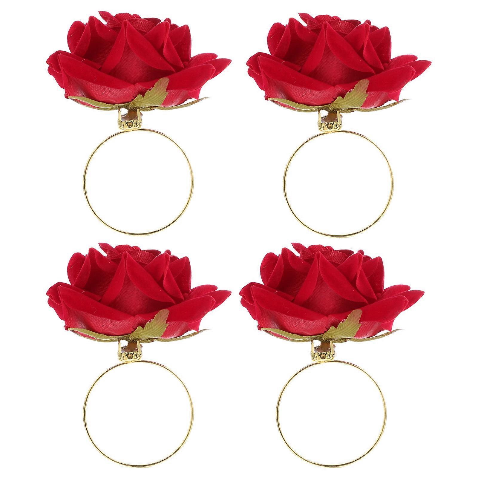 Metal Napkin Rings Rose Shape Towel Buckle Graduation Ceremony 8.5X7cm Elegant Red 4Pcs