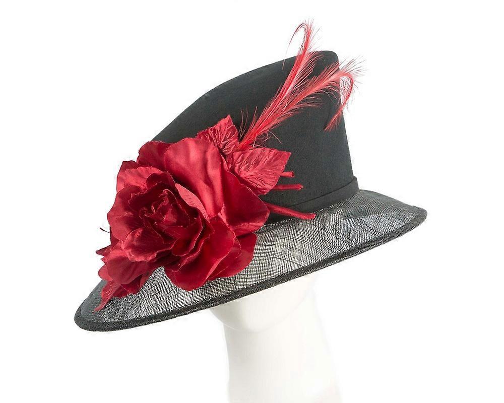 Exclusive black ladies winter fashion hat with red flower by Cupids Millinery CU745