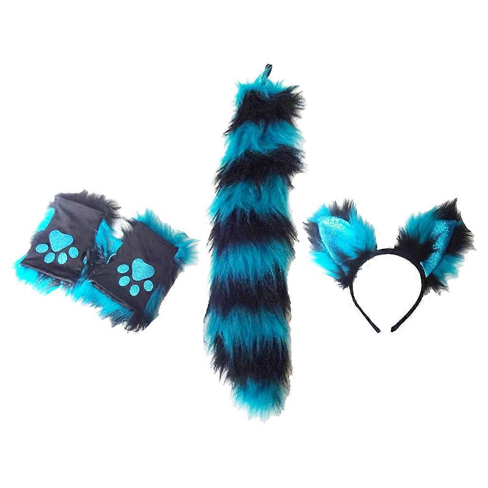 Animal Accessories Furry Animal Gloves Tail and Ears Headband Set Party Ball Stage Performance Costume Prop Blue Plush 1Set
