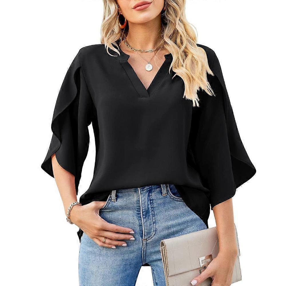Women's Solid Color Petal Sleeve Loose V Neck Chiffon Shirt