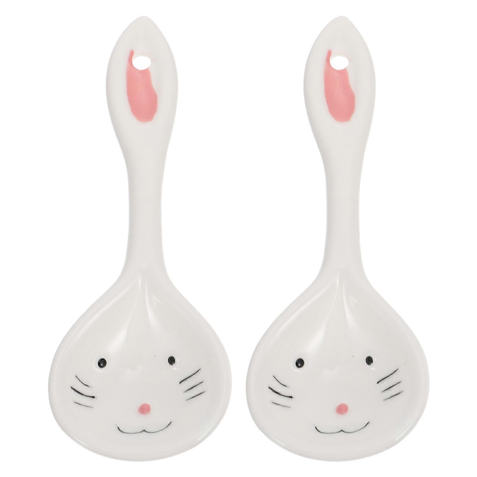 2Pcs Cute Rabbit Tableware Spoons for Kids Ceramic Children Spoons (White)