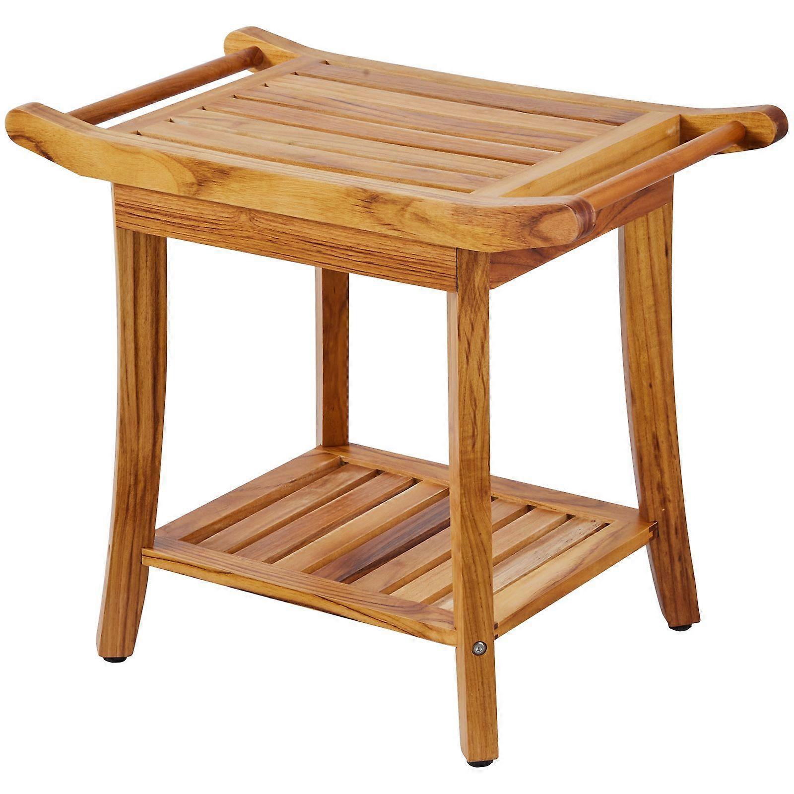 Teak zuhanypad, 22 x 14.4 x 18.5 in, vízálló, tárolópolc fogantyúval csúszásmentes lábak, 300 lbs maximális terhelhetőség, fürdőszobai