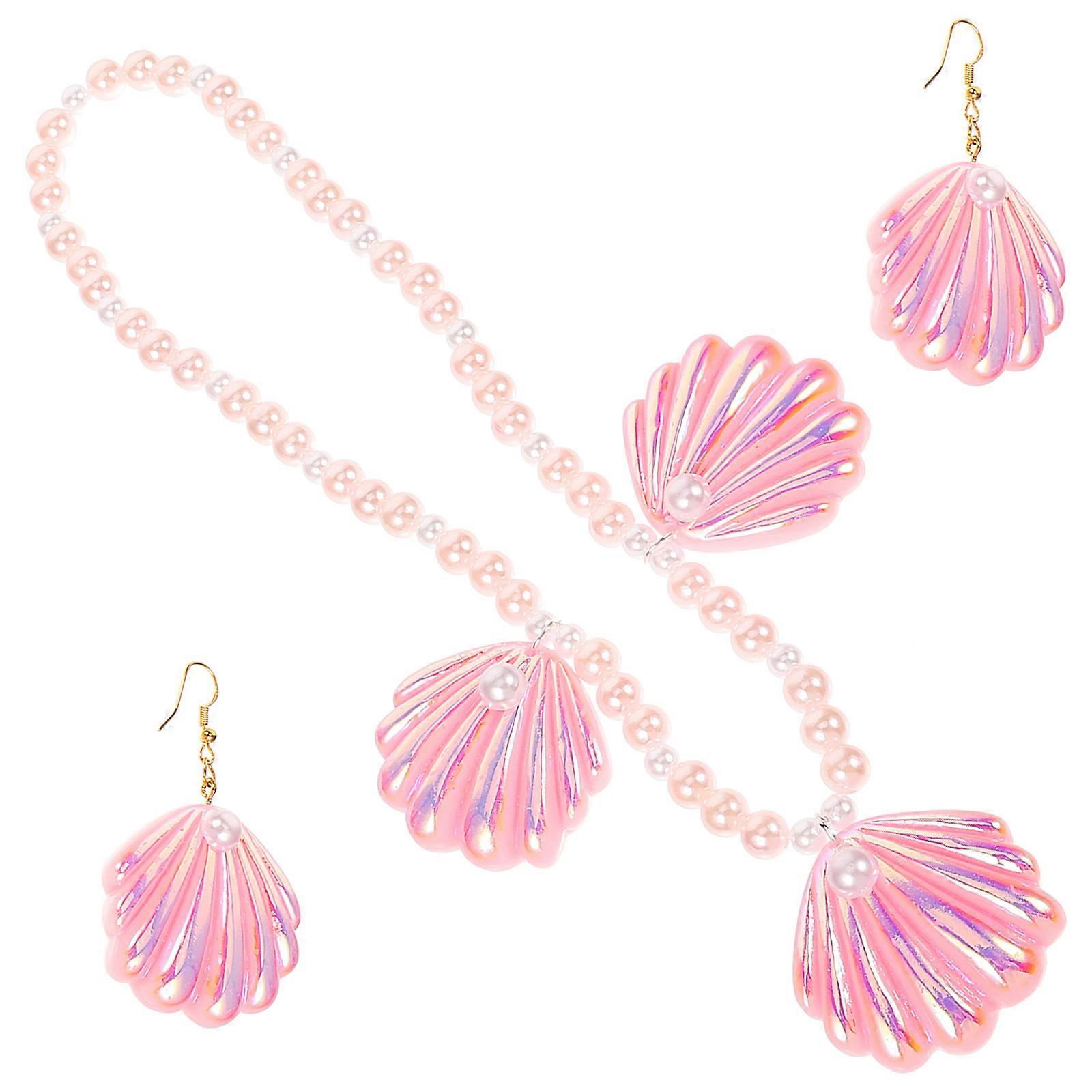 Girls Jewelry Set Beaded Necklace Shell Shape Pink Color for Women Prom Summer Events 1Set