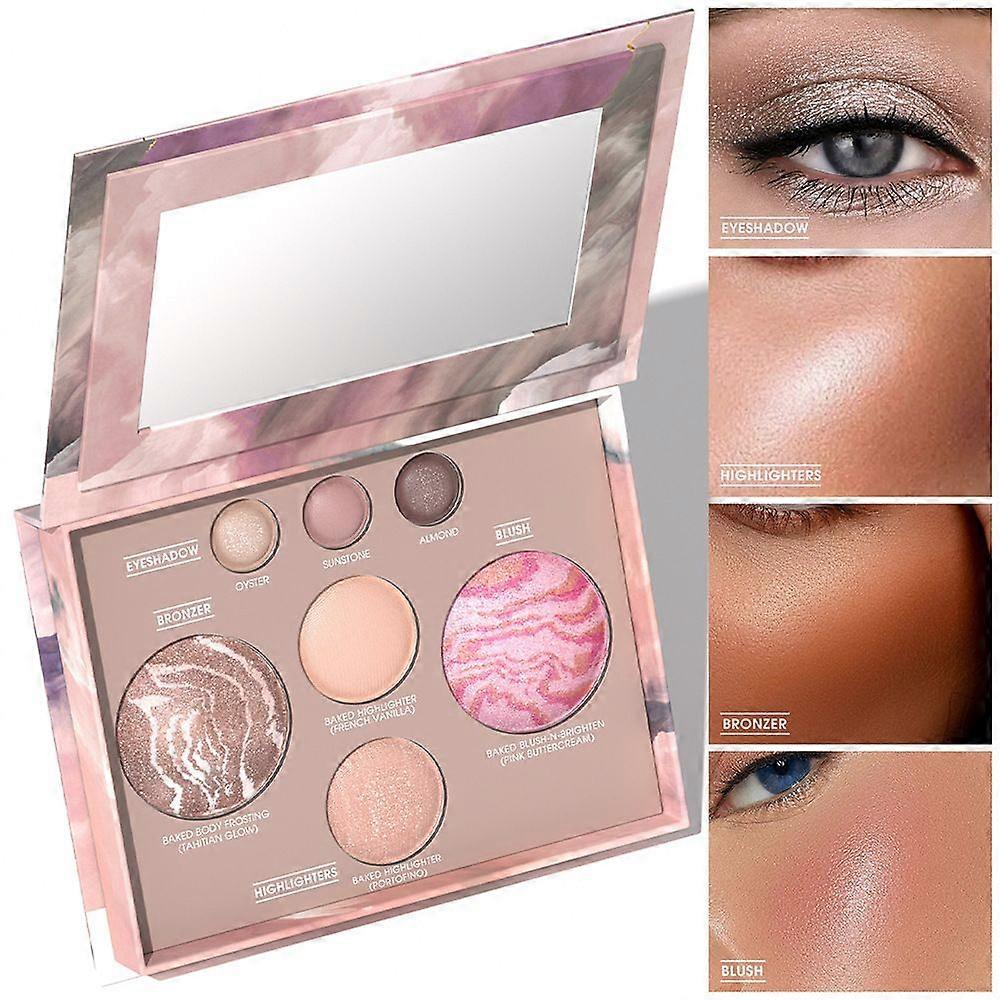 Baked Full Face Makeup Palette with Mirror - Bronzer, Blush, 2 Highlighters & 3 Eyeshadows - Multifunctional Travel Size 7 in 1 Palette Travel & Daily
