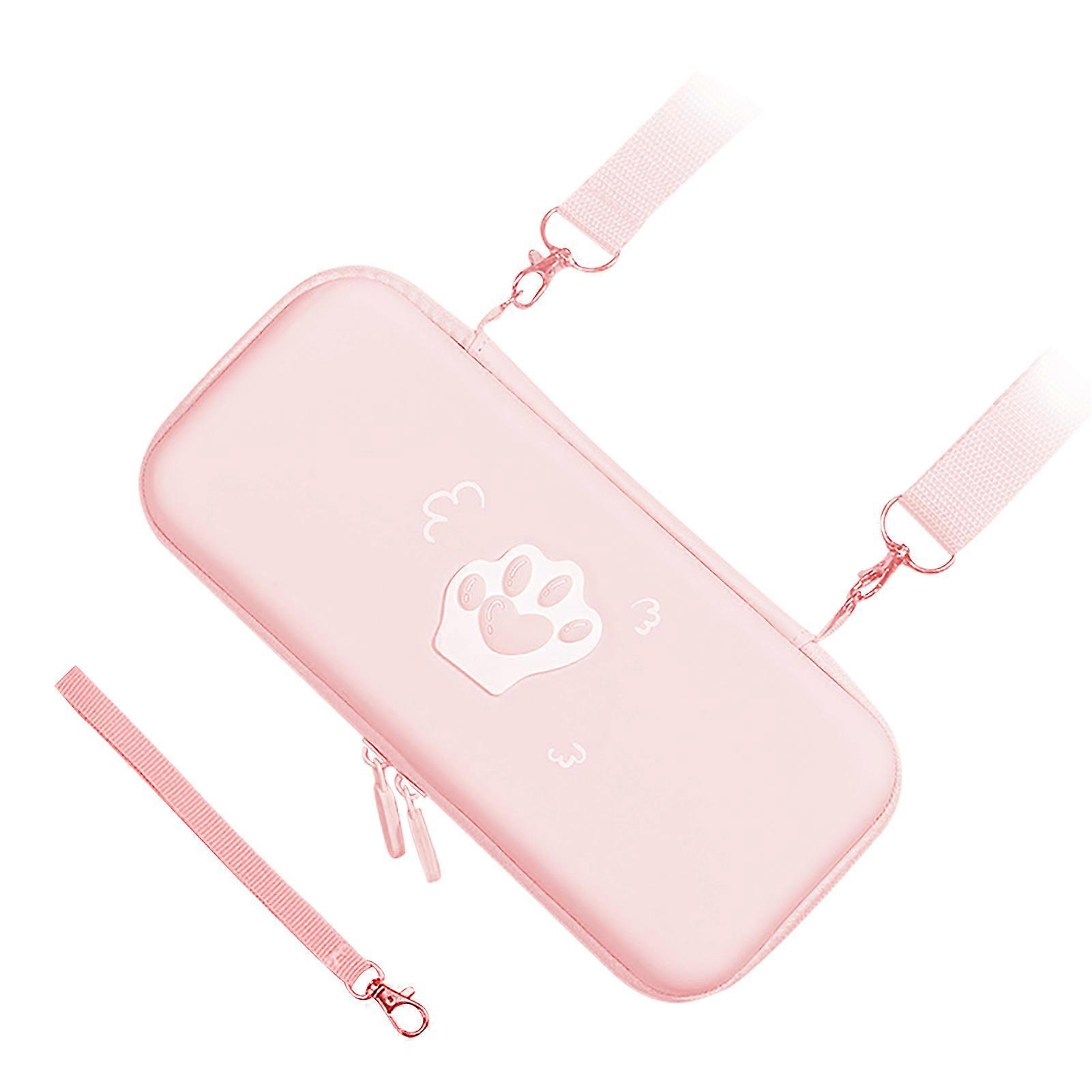Cute Cat Paw Carrying Case Hard PU Leather Protective Cover with Shoulder Strap and Hand Rope for Nintendo Switch Game Console Pink