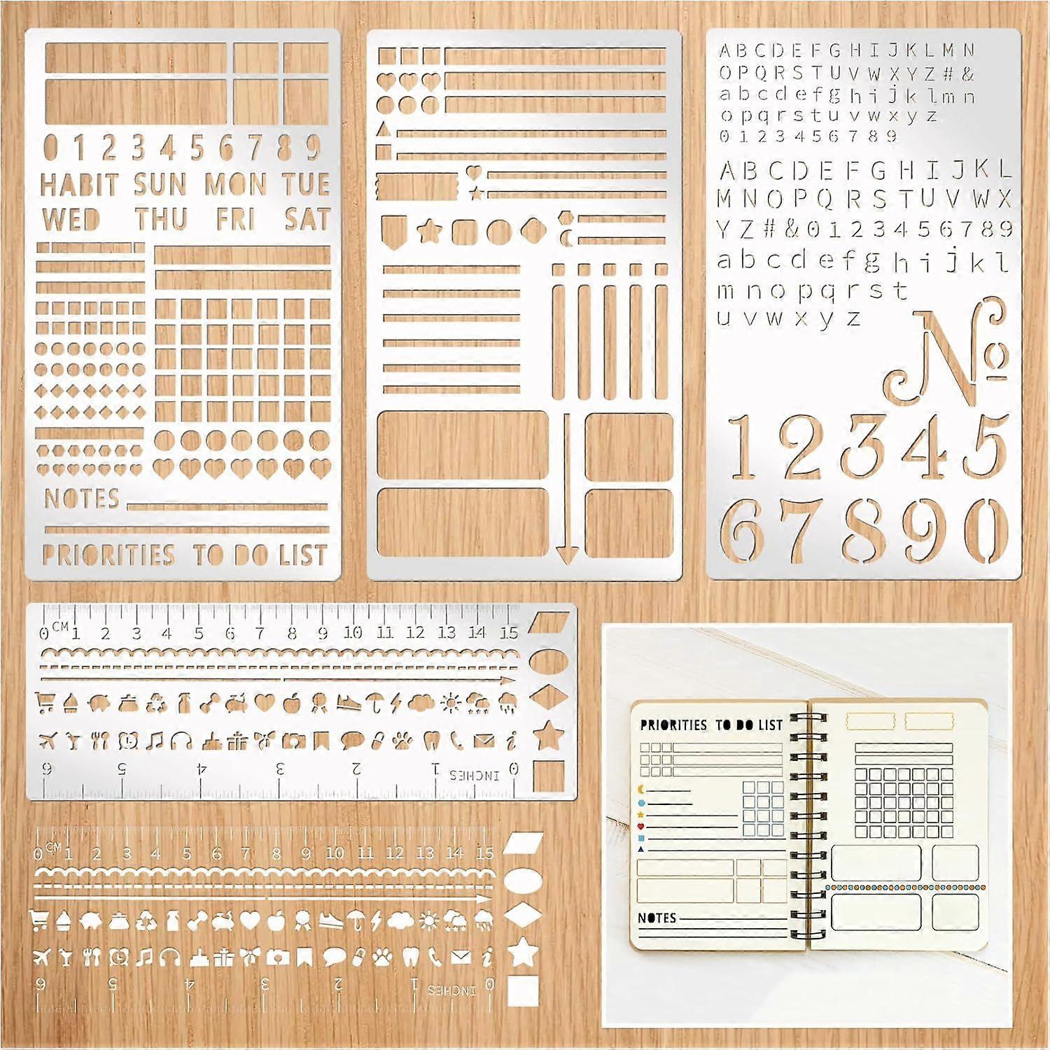 4 Pieces Metal Journal Stencils, Reusable Stainless Steel Template Planner Stencil for Journaling DIY Scrapbooking, Habit Tracker, Weekly Spread, Note