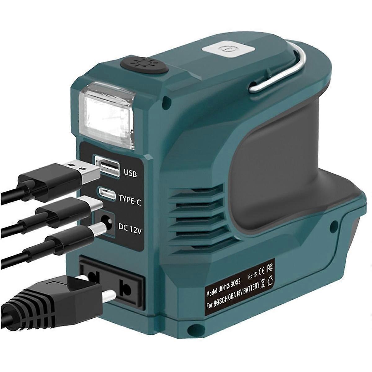 180-W-Wechselrichter mit LED-Arbeitsleuchte für 18-V-Li-Ionen-Akku, 12-V-Gleichstromsteckdose mit USB/Typ-C-EU-STECKER