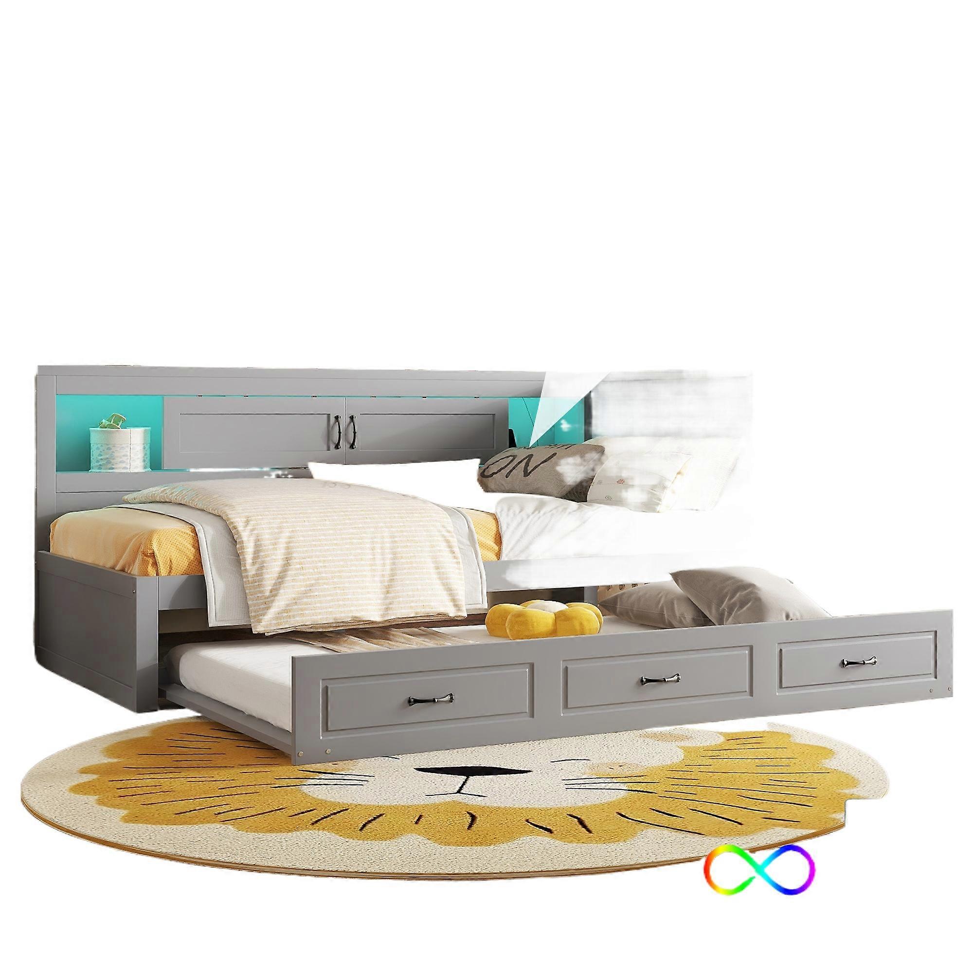 Grey Sofa Bed 90x200cm LED Lights Storage Side Pocket USB Extendable No Mattress