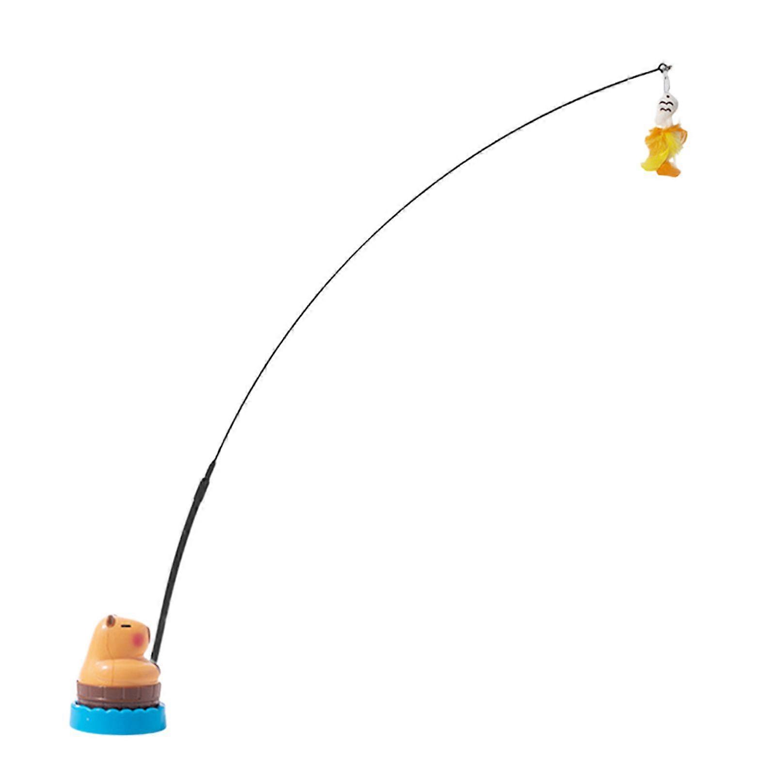 Interactive Cat Teaser Wand Cat Toy with Interchangeable Feathered Teaser Heads 360-Degree Rotating Capybara Base Flexible Cat Wand for Indoor Small M
