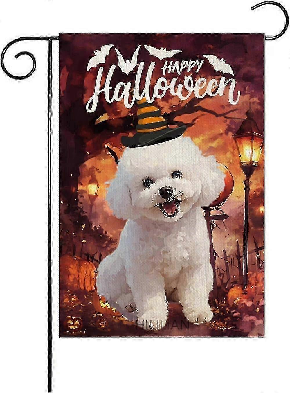 Fall Happy Halloween Garden Flag For Outside 28x40 Inch Double Sided,Bichon Frise Flag Trick Or Trea