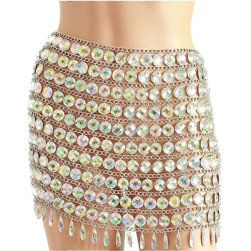 Sexy Mesh Metal Chain Skirts Classic Beads Silver Body Chain Festival Costume