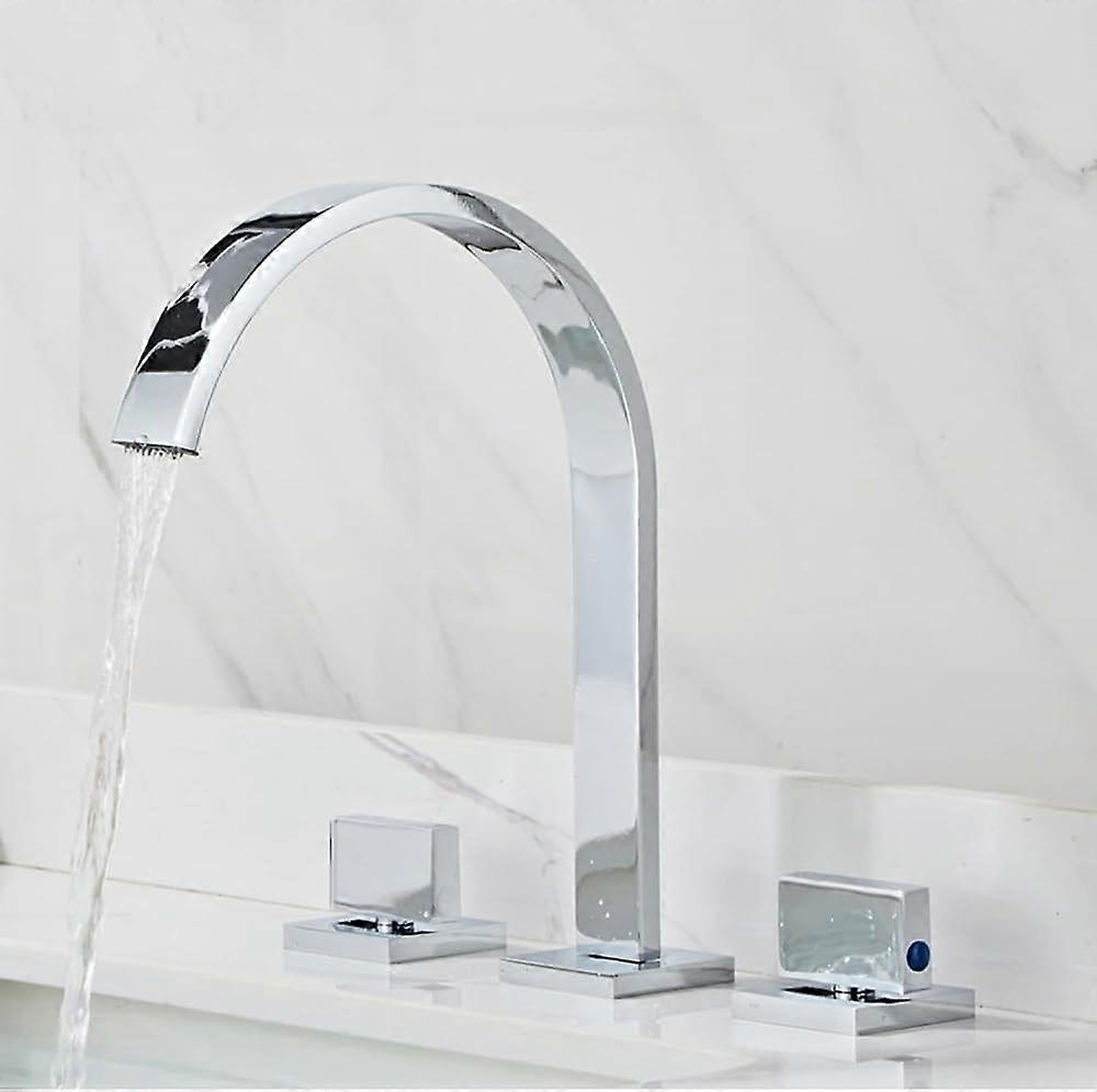 Bathroom Faucet Waterfall with Double Handles, 3 Hole Sink Tap for Modern Vanity, Gold Chrome
