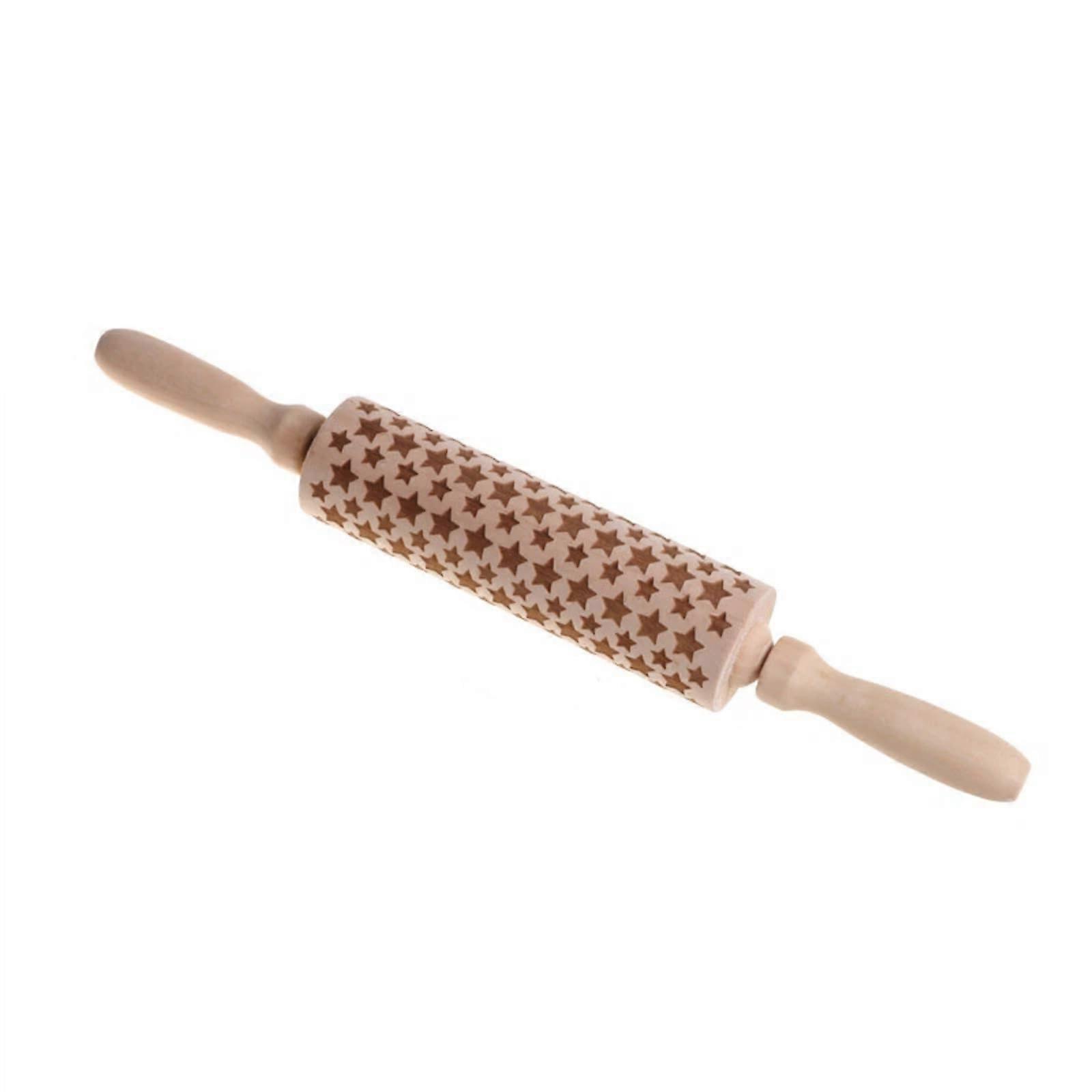 Christmas Rolling Pin with Holiday Pattern Engraving, Wooden Cookie Embossed Roller